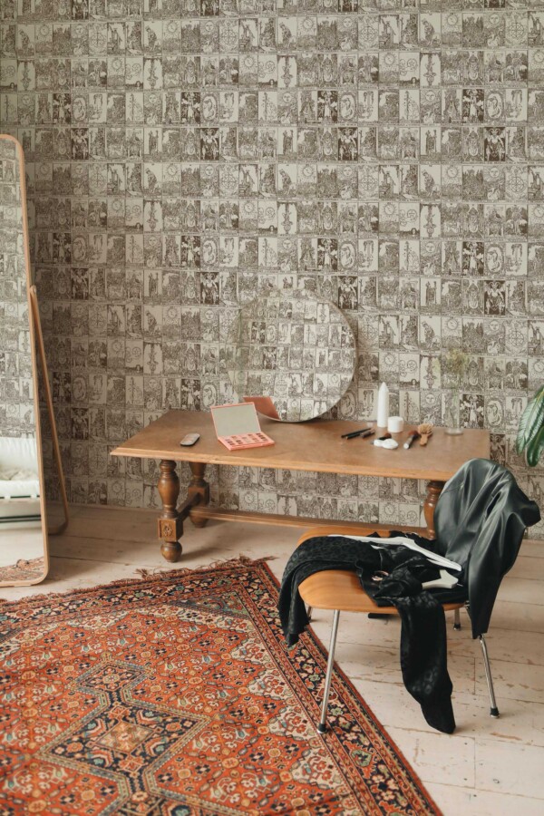 Fancy Walls removable wallpaper styled with whimsical beige tarot card pattern.