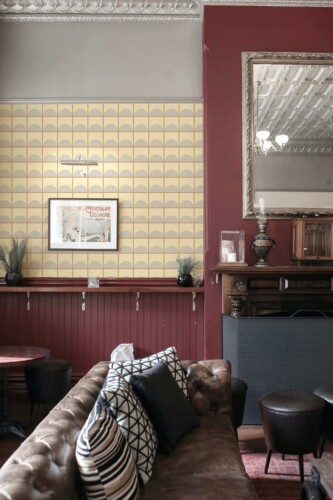 Fancy Walls wallpaper for walls with neutral vintage tile pattern. Sand Tile peel and stick or non-pasted retro wallpaper for walls