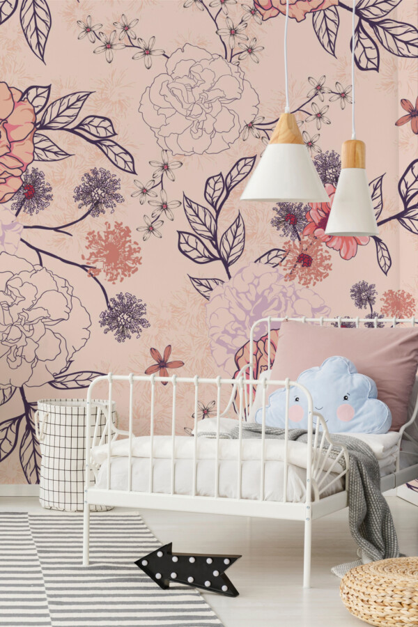 Gentle Pastel Floral wall mural bringing a soft botanical style with peach and pink shades.