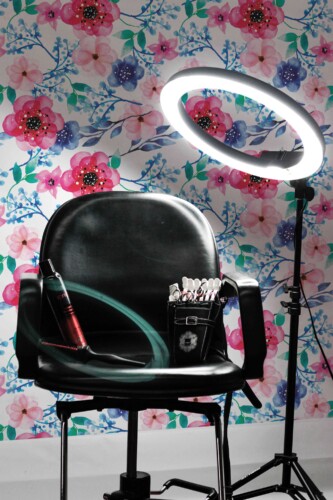 Fancy Walls removable wallpaper with bold pink and blue watercolor blossoms