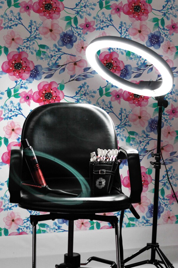 Fancy Walls removable wallpaper with bold pink and blue watercolor blossoms