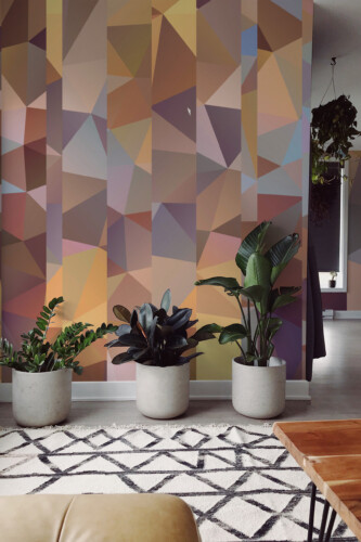 Brown Beige Geometric wall mural with polygonal mosaic design, creating structure and artistic depth in interiors.