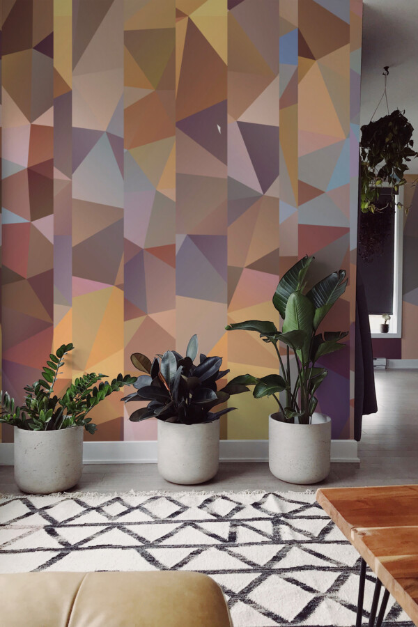 Brown Beige Geometric wall mural with polygonal mosaic design, creating structure and artistic depth in interiors.