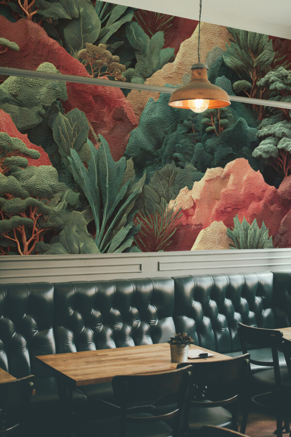 Fancy Walls Abstract Landscape Textured wall mural printing in green and red tones with layered plants and trees.