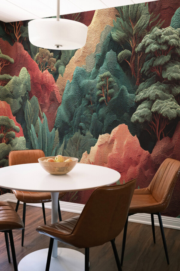 Fancy Walls Red Green Textured Forest commercial wall mural with artistic 3D mountain and tree design.