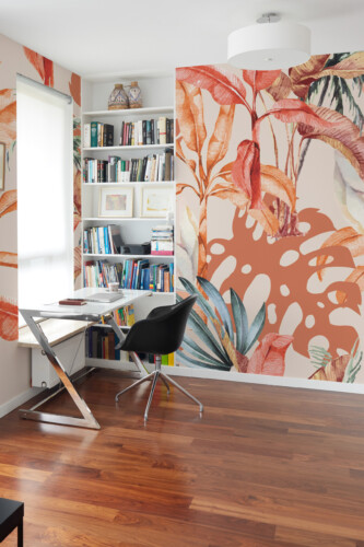 Fancy Walls Warm Tropical Plants removable wall mural in terracotta tones with lush botanical details.