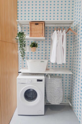 Removable wallpaper with fun blue and white polka dots from Fancy Walls