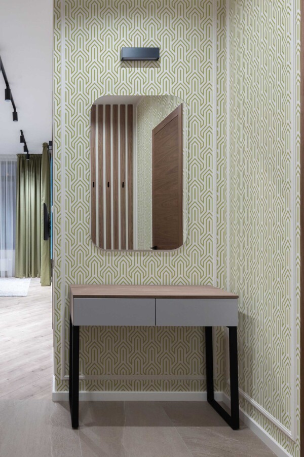 Traditional wallpaper with olive green modern arch pattern by Fancy Walls