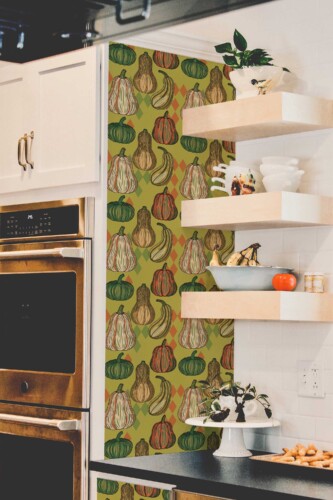Fancy Walls self-adhesive wallpaper featuring green farmhouse Pumpkin Spiced Kitchen pattern.