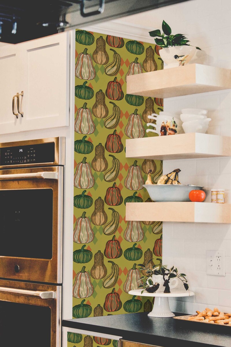 Fancy Walls self-adhesive wallpaper featuring green farmhouse Pumpkin Spiced Kitchen pattern.