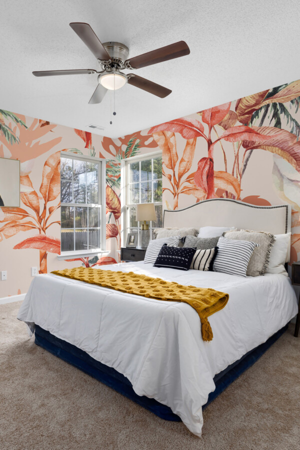 Fancy Walls Bold Terracotta Botanical wall mural printing with tropical leaves and a warm earthy palette.