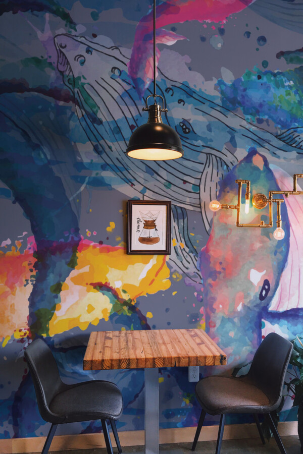 Fancy Walls Watercolor Splashes Fish wall mural printing with dynamic marine artistic style.