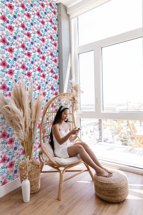 Fancy Walls self-adhesive wallpaper featuring vibrant floral watercolor design