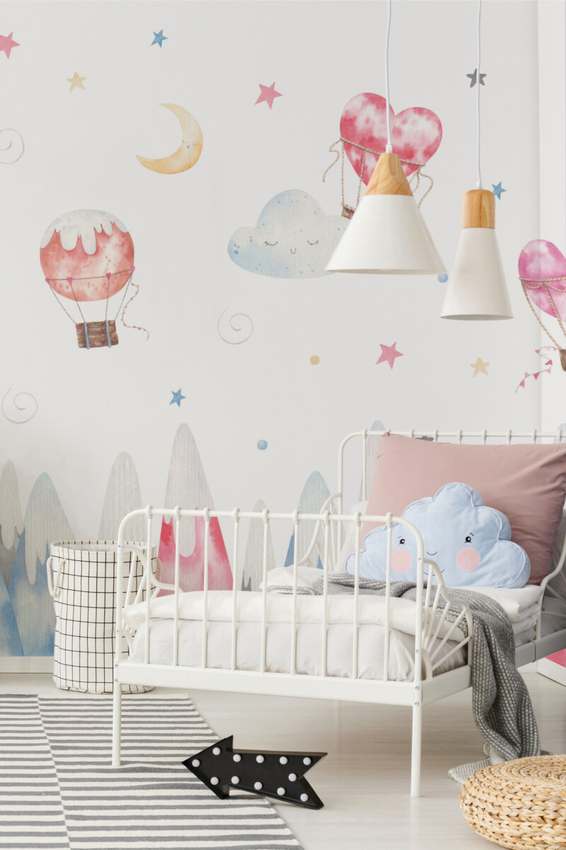 Dreamy Nursery Sky Wall Mural with stars, rainbow, and floating balloons, perfect for playful baby room interiors.