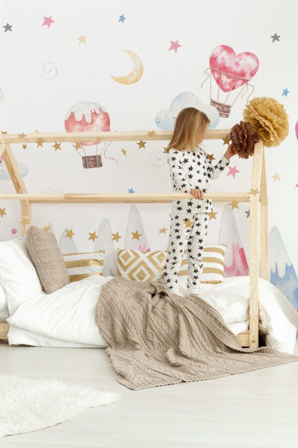 Watercolor Mountain Nursery Wall Mural in soft pastel blue and pink, designed for nurseries and kids’ spaces.