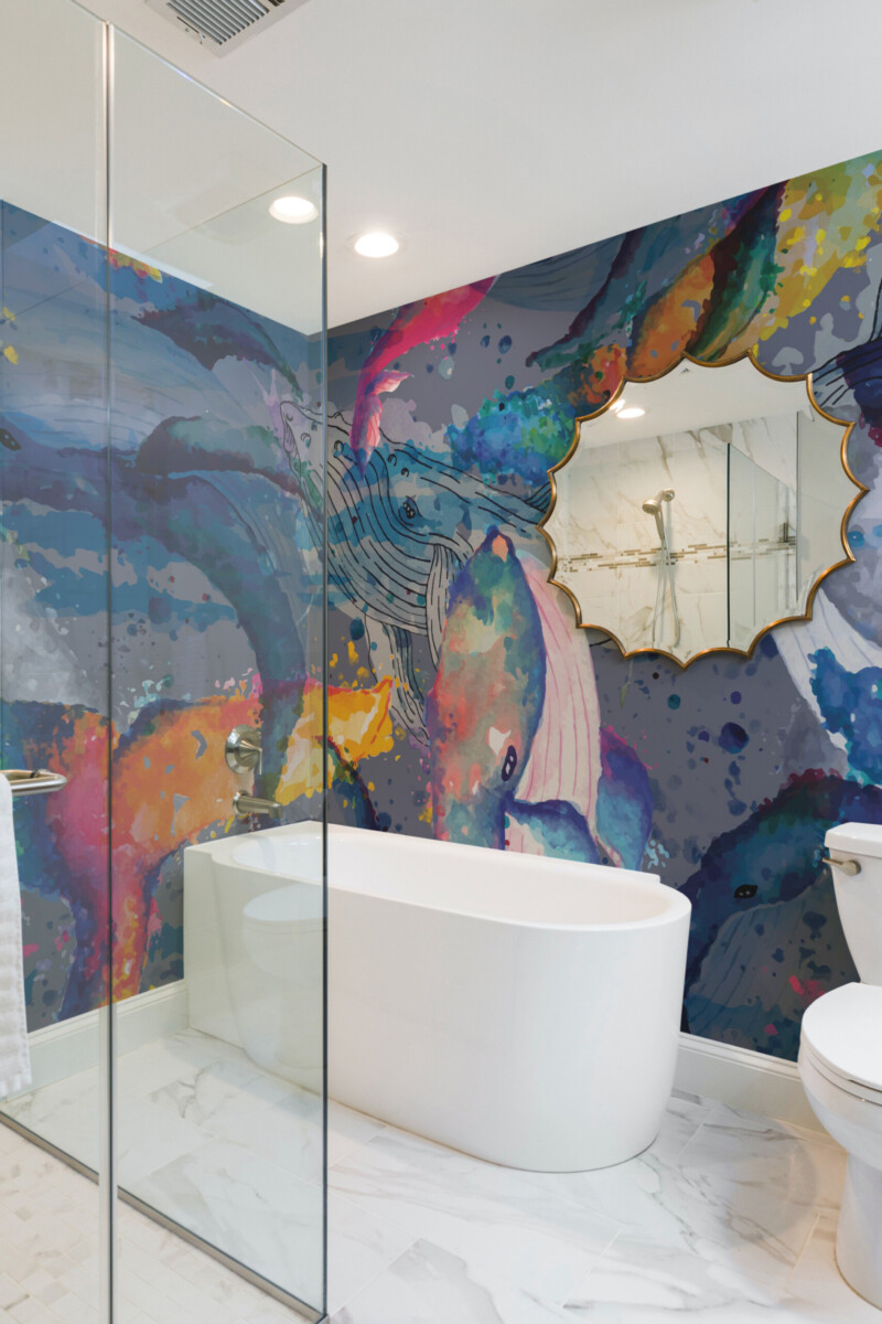 Fancy Walls Abstract Colorful Whales commercial wall mural with bold watercolor details.