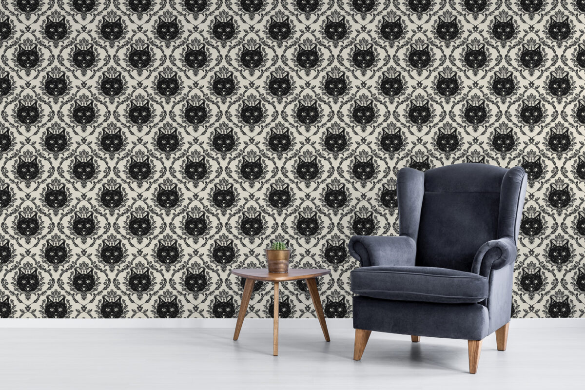Baroque gothic cat damask peel and stick wallpaper in black and cream for an eclectic vintage-inspired hallway
