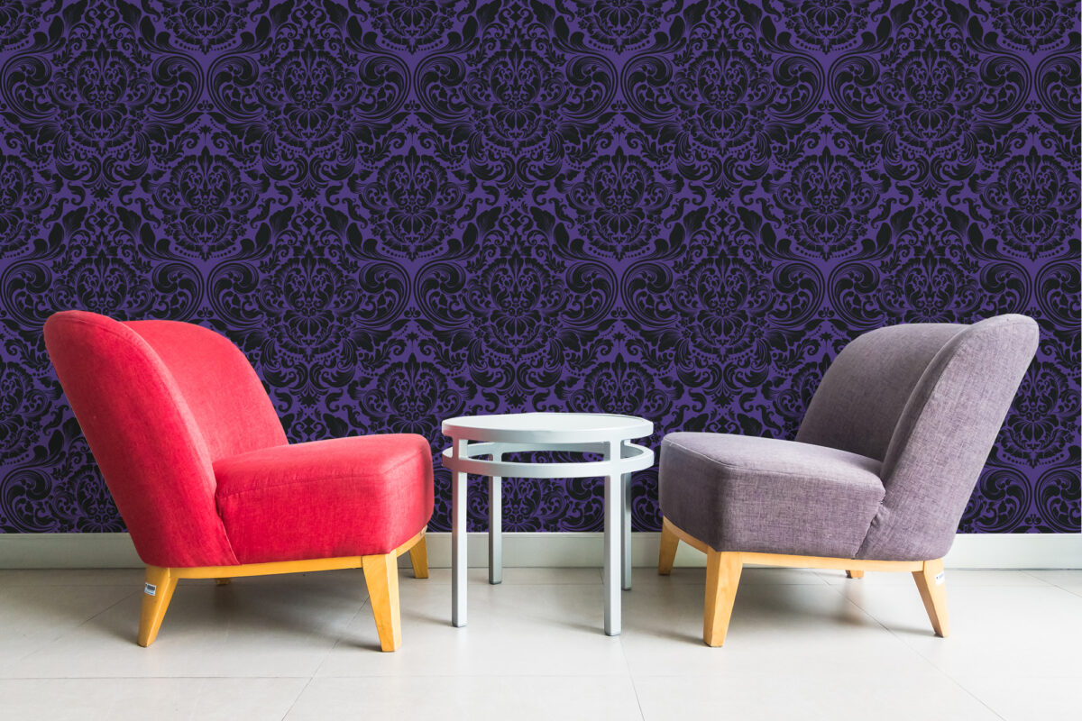Gothic damask peel and stick wallpaper in dark plum and black for dramatic bedroom or statement powder room