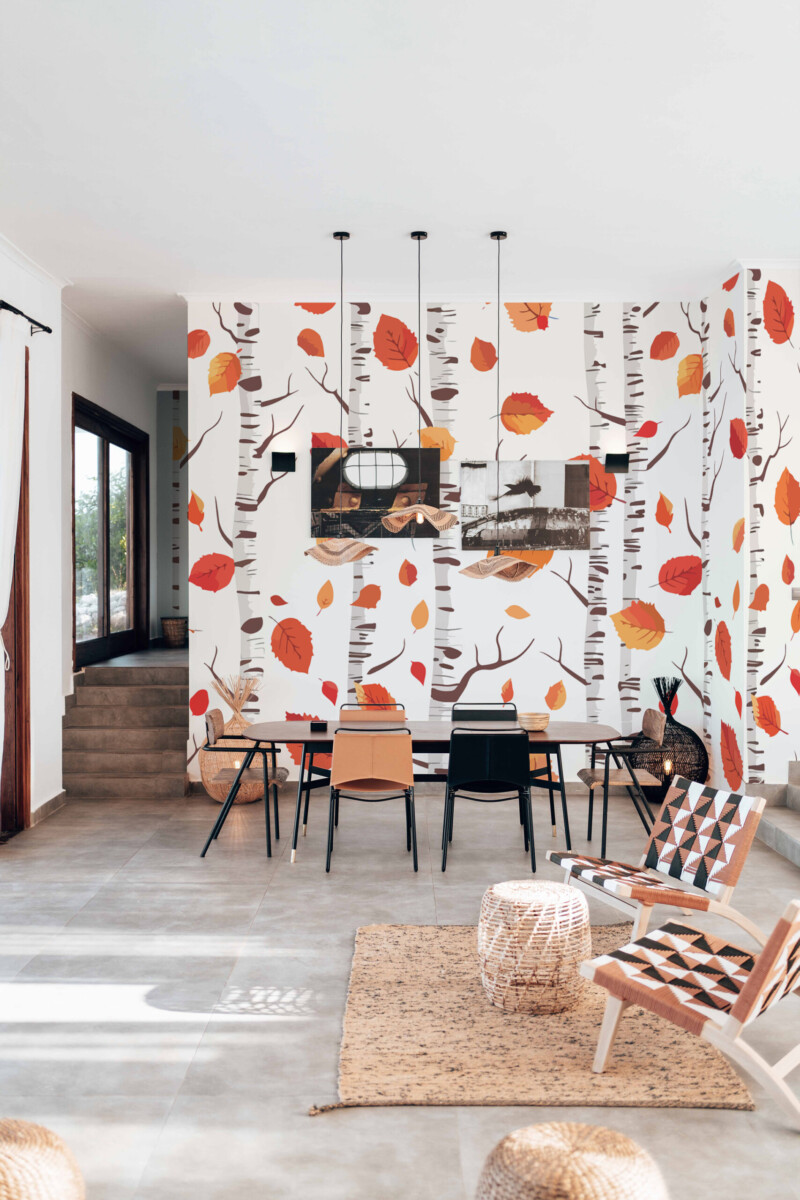 Autumn Birches wall mural by Fancy Walls featuring slender white birch trees with golden and orange autumn leaves peel and stick wall mural design