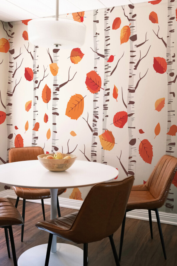 Autumn Birches wall mural by Fancy Walls with soft neutral background and floating orange leaves creating a calm natural atmosphere wall mural peel and stick finish