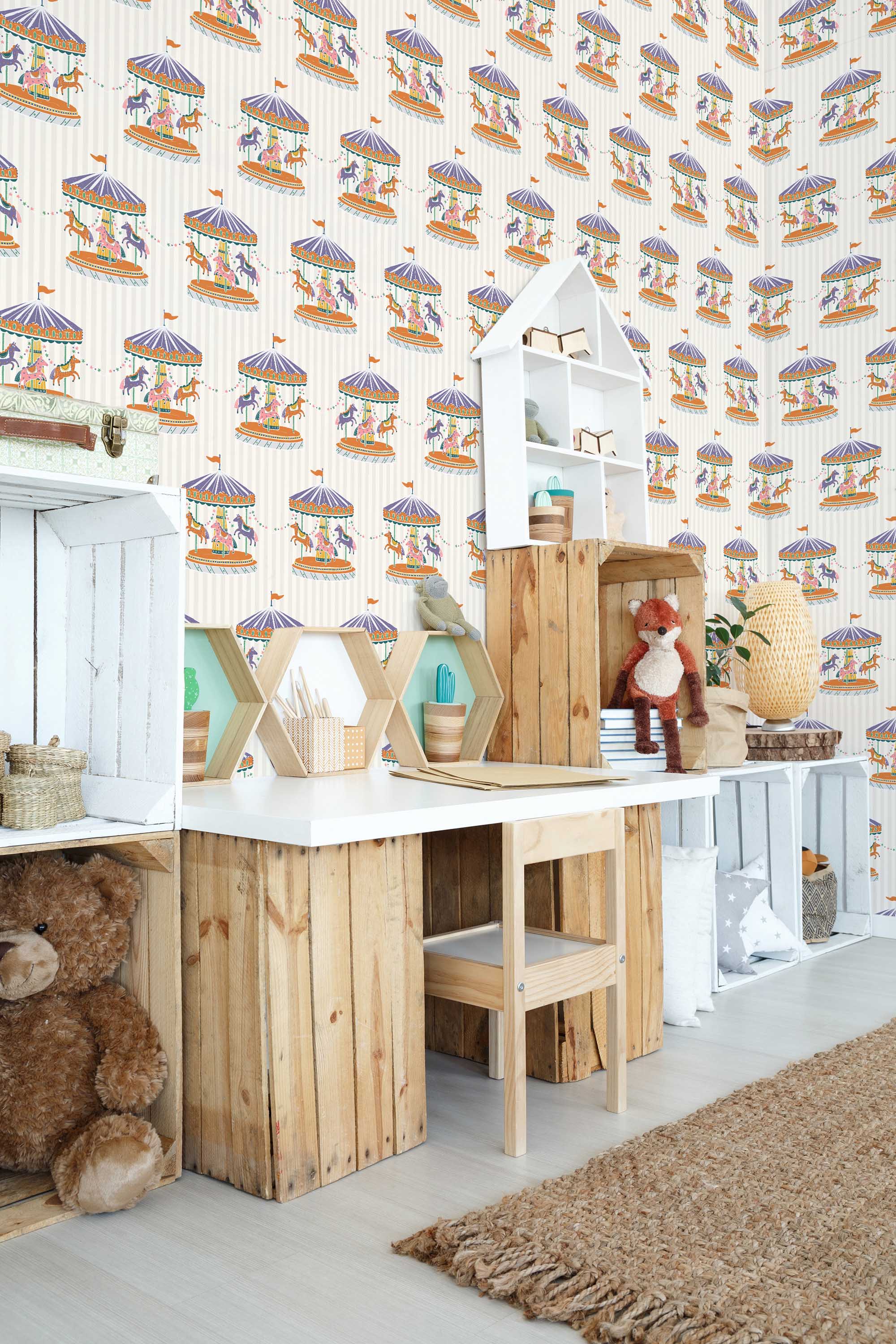 Fancy Walls traditional wallpaper featuring adorable carousel horses and retro fairground motifs in warm beige.