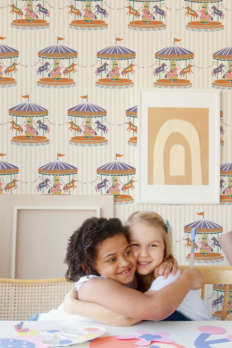 Fancy Walls self-adhesive wallpaper with playful circus animals and striped details for vintage kids rooms.