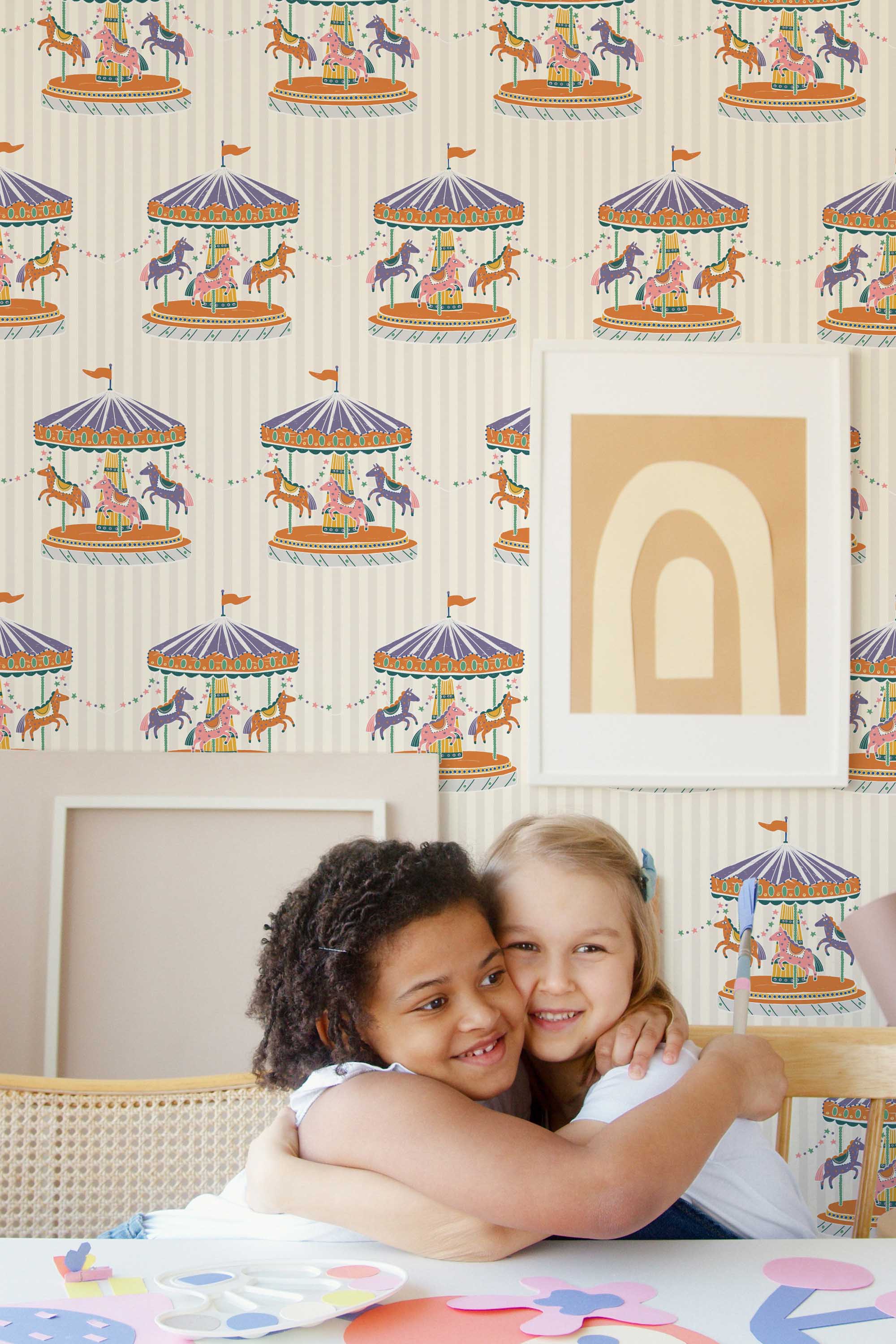 Fancy Walls self-adhesive wallpaper with playful circus animals and striped details for vintage kids rooms.