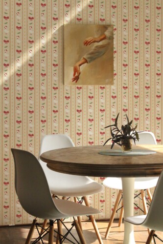 Fancy Walls self-adhesive wallpaper with tiny geese and red holly design for farmhouse interiors.