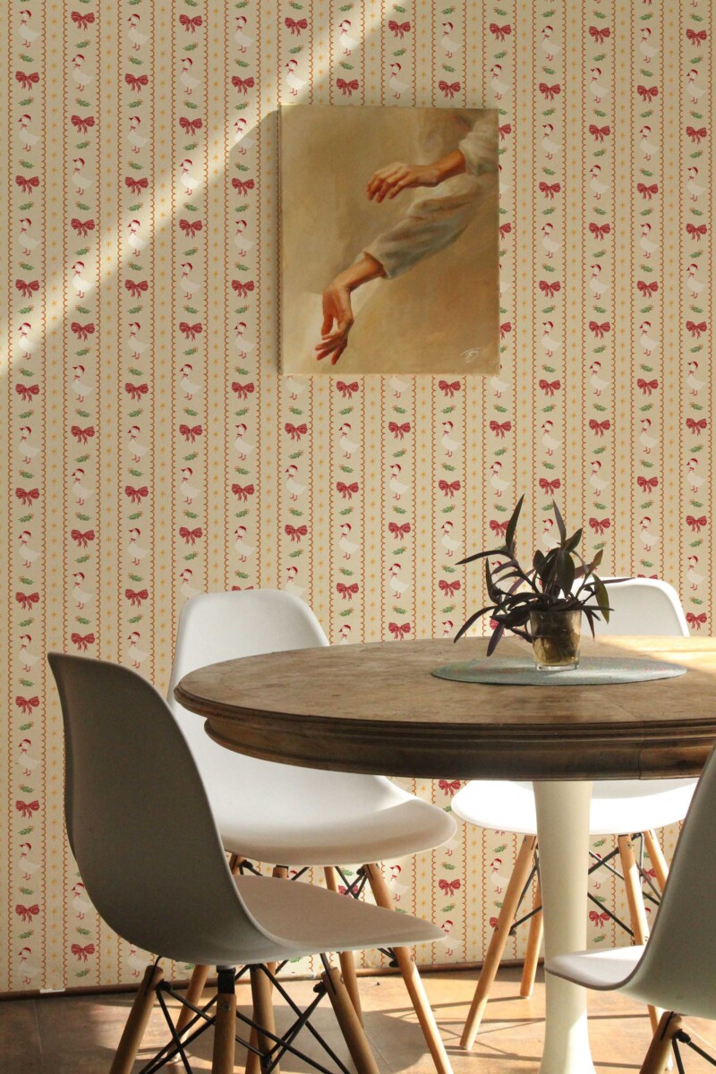 Fancy Walls self-adhesive wallpaper with tiny geese and red holly design for farmhouse interiors.