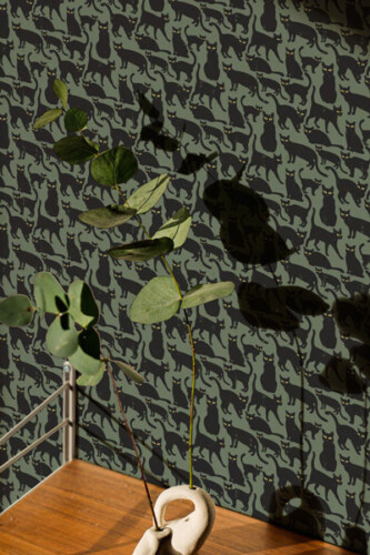 green and black non-pasted wallpaper with black cats