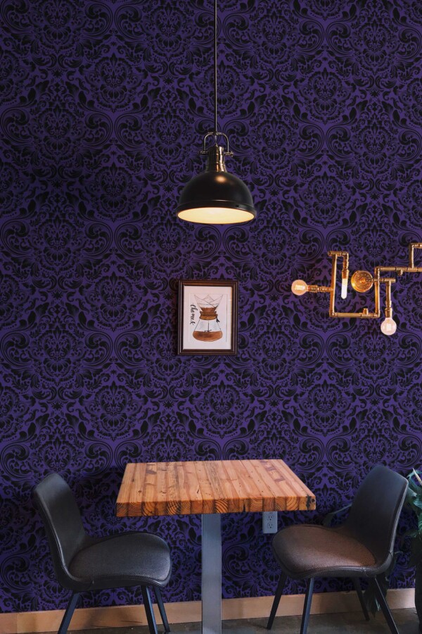 Fancy Walls self-adhesive wallpaper featuring moody victorian black damask design.