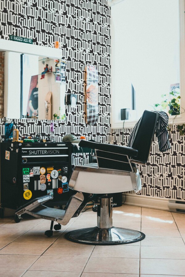 Fancy Walls self-adhesive wallpaper with bold black and white alphabet design.