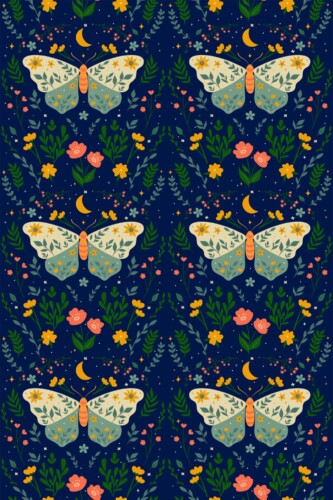 Fancy Walls self-adhesive wallpaper featuring whimsical blue moth and floral motif.