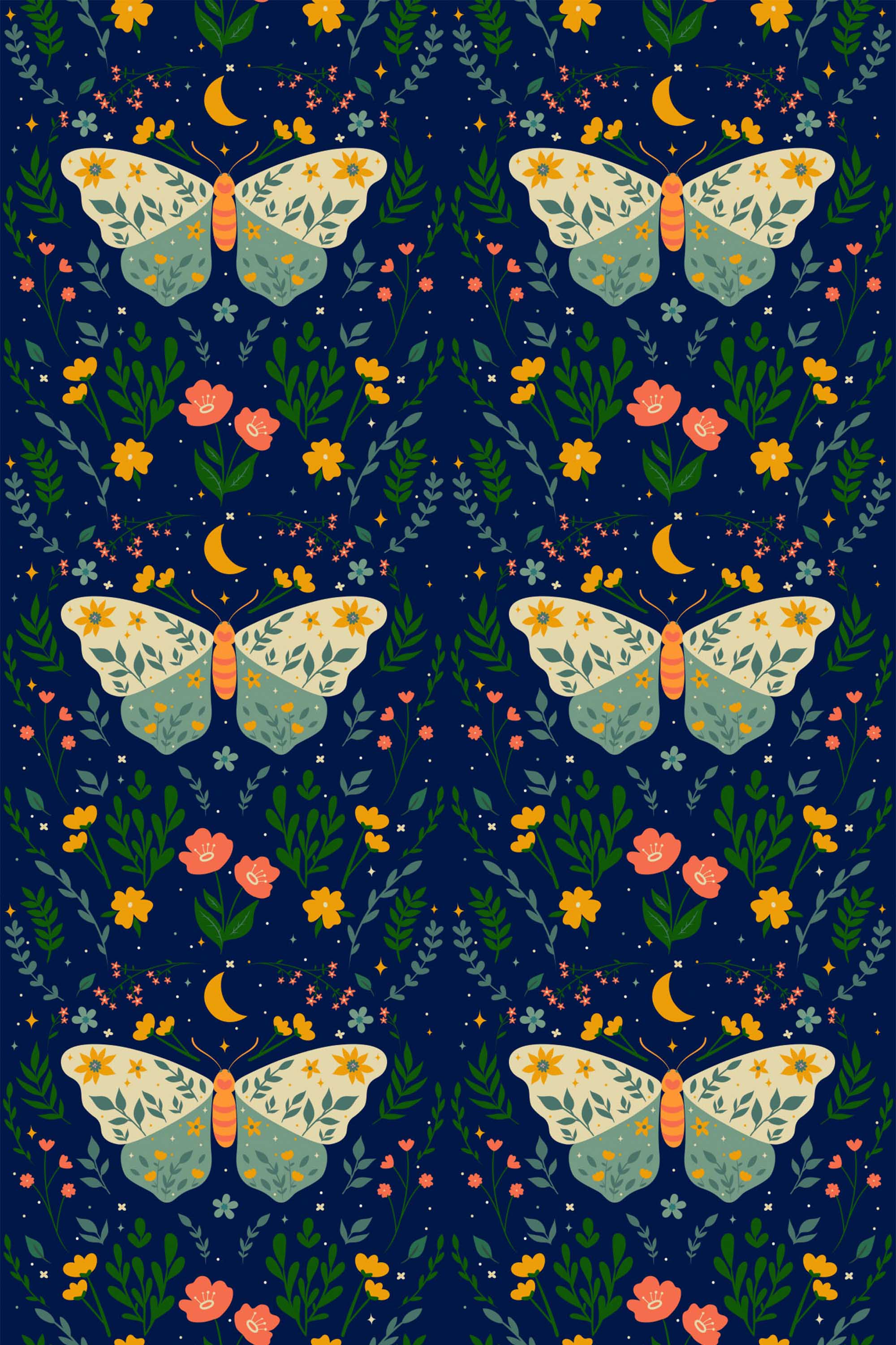 Fancy Walls self-adhesive wallpaper featuring whimsical blue moth and floral motif.