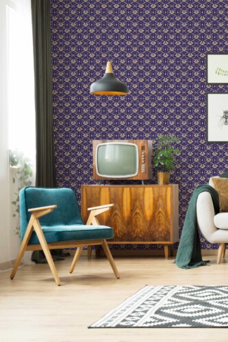 Fancy Walls traditional wallpaper with art deco inspired blue motifs.