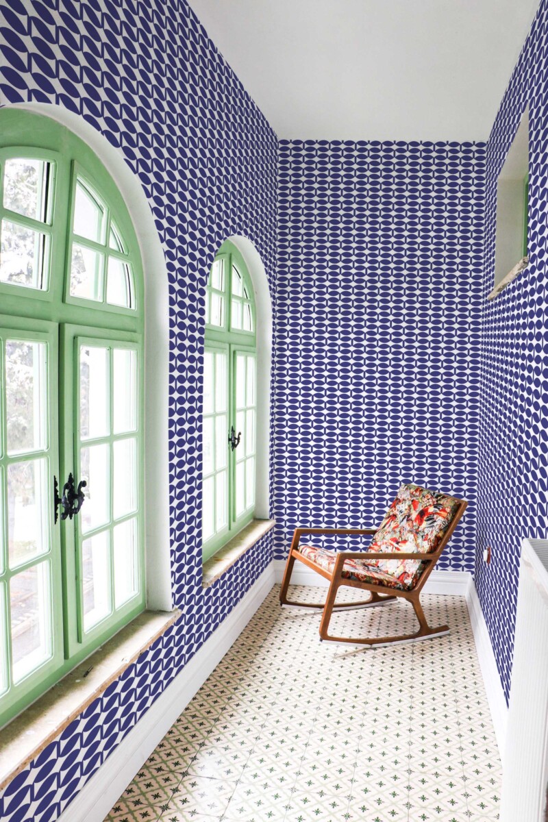 Fancy Walls traditional wallpaper featuring vintage Portugal vibes in navy tones.