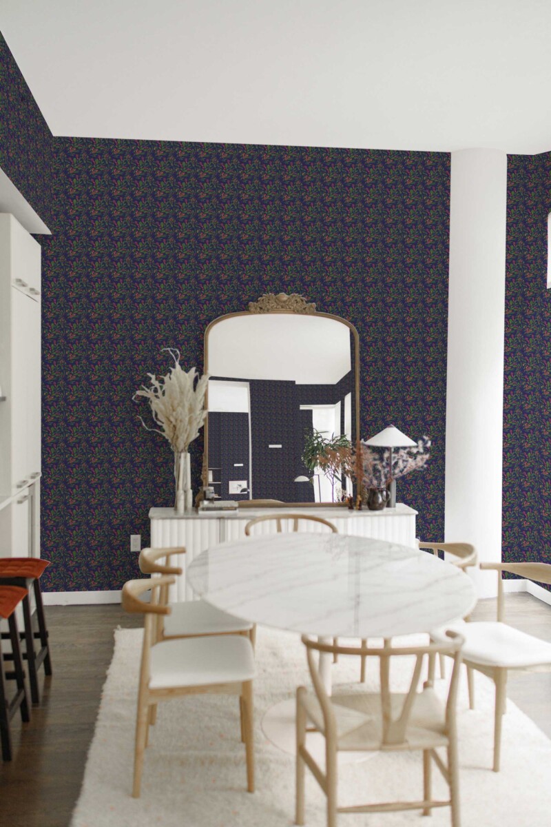 Fancy Walls self-adhesive wallpaper with moody blue botanical print adding warmth and charm to modern spaces.