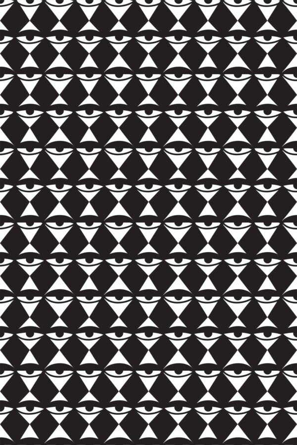 Fancy Walls peel and stick wallpaper with bold black and white harlequin eye pattern.