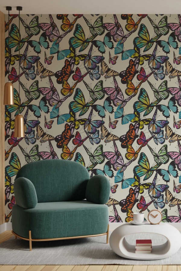 Fancy Walls self-adhesive wallpaper featuring bright and beautiful butterflies on beige.