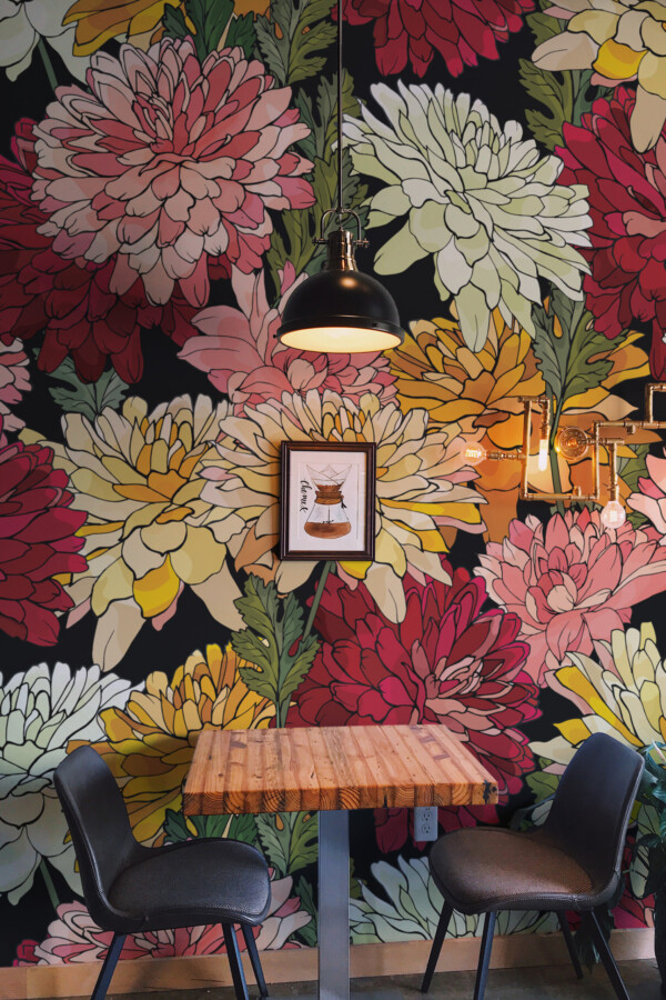Bright Floral Garden wall mural by Fancy Walls highlighting bold florals on a dark background for a dramatic yet cheerful effect wall mural peel and stick finish