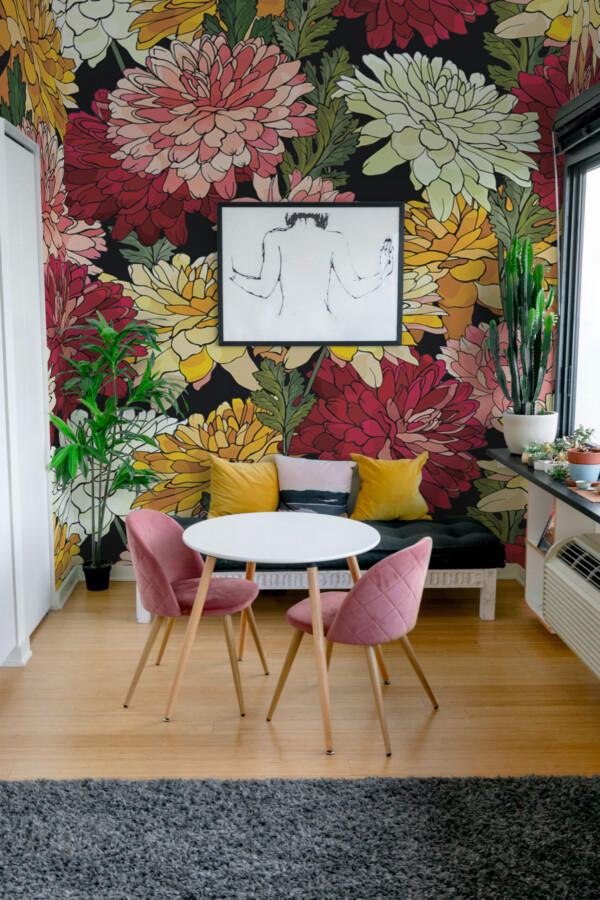 Fancy Walls Bloom Burst printed wall mural showcasing lush blooms and artistic outlines for modern botanical interiors wall mural printing quality
