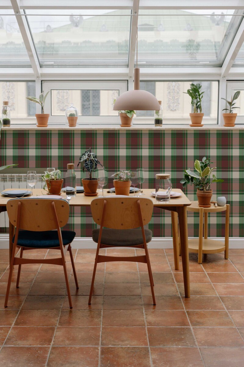 Fancy Walls peel and stick wallpaper featuring brown Christmas plaid design with forest and burgundy tones.