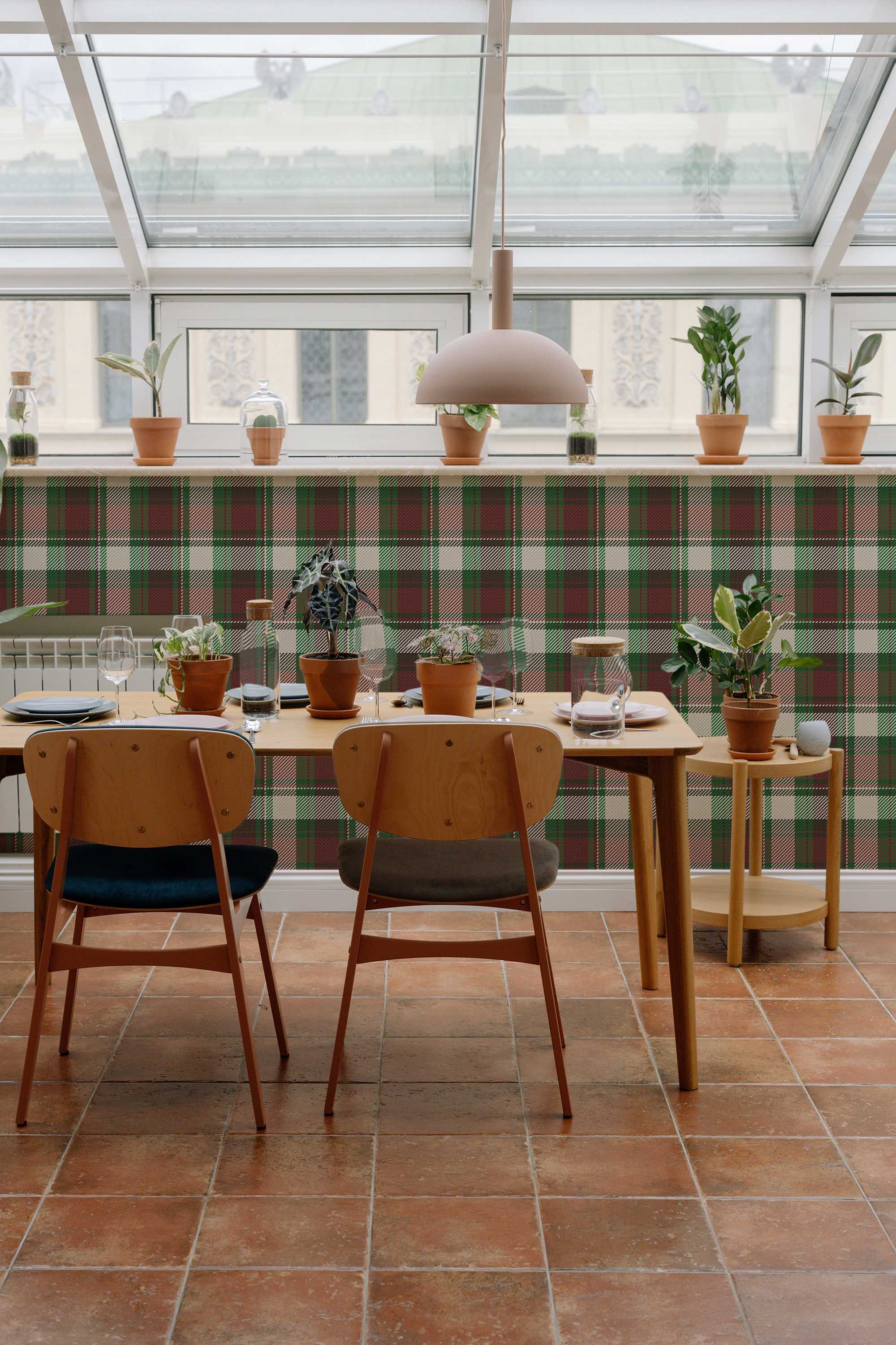 Fancy Walls peel and stick wallpaper featuring brown Christmas plaid design with forest and burgundy tones.