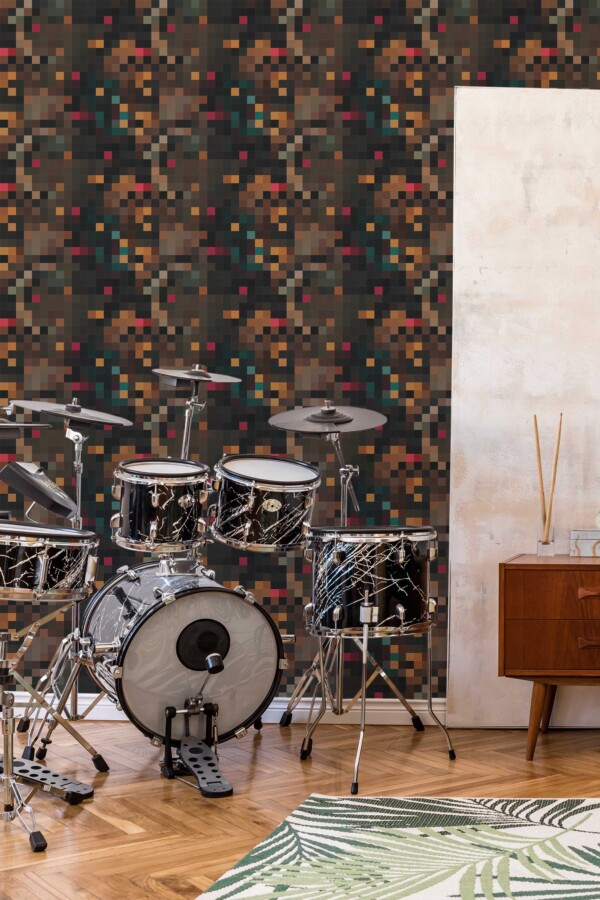 Fancy Walls removable wallpaper with abstract green and orange earthy pixels.