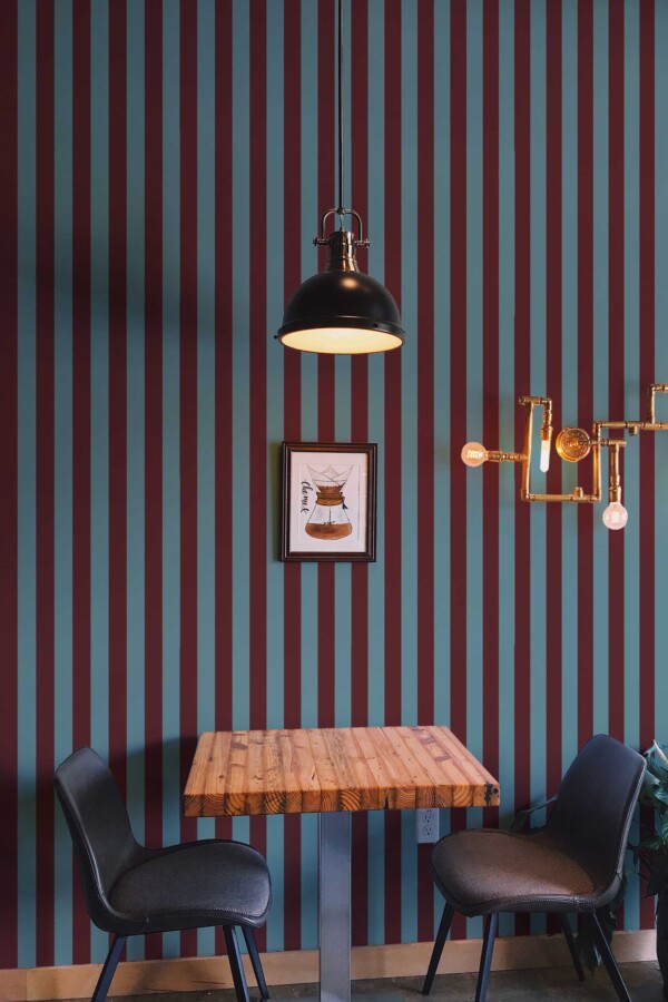 Fancy Walls self-adhesive wallpaper featuring timeless burgundy and blue vertical lines.