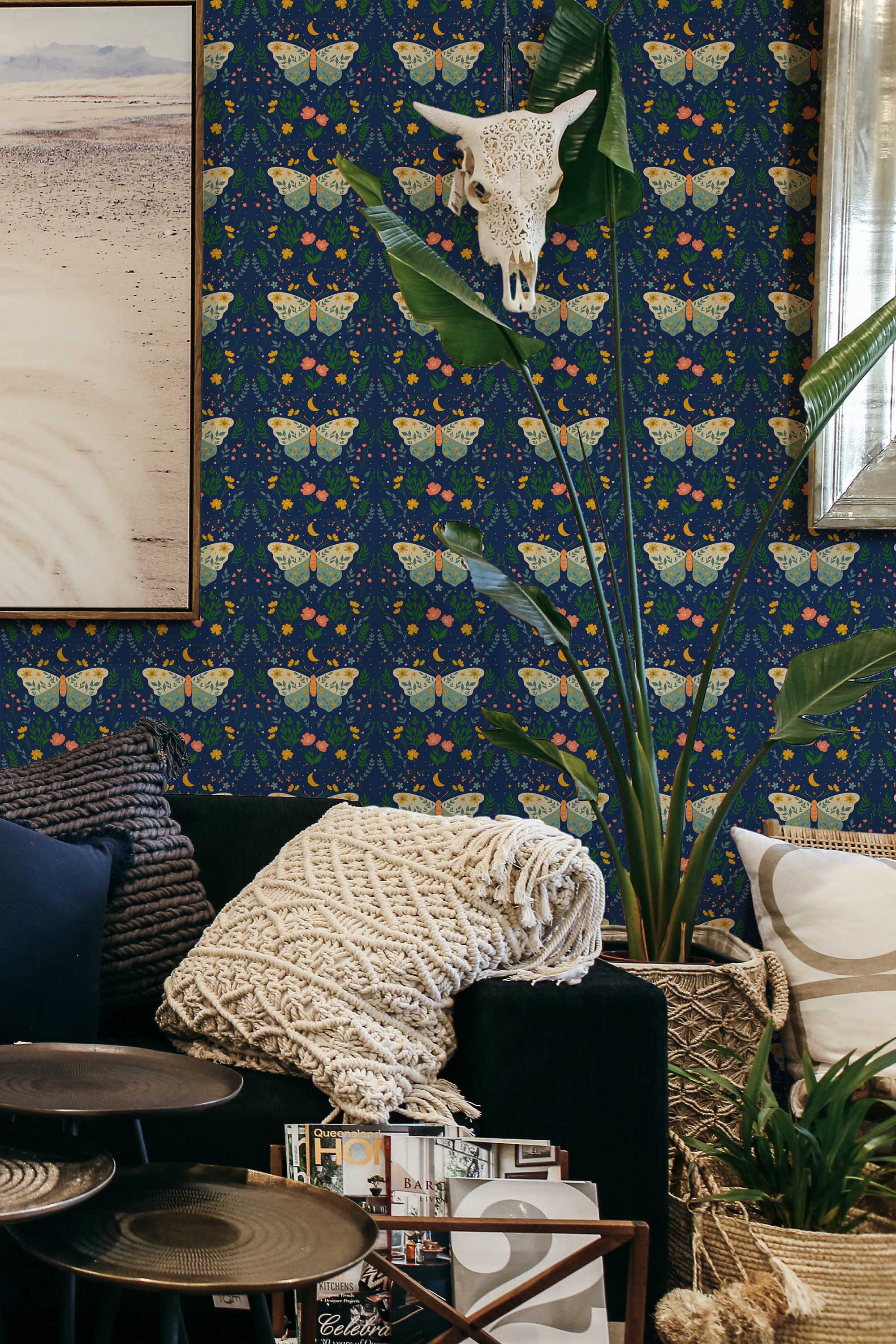 Fancy Walls removable wallpaper with delicate butterfly and moth design in blue hues.