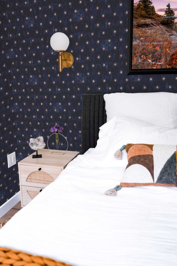 Fancy Walls self-adhesive wallpaper featuring moody blue tie dye stars.
