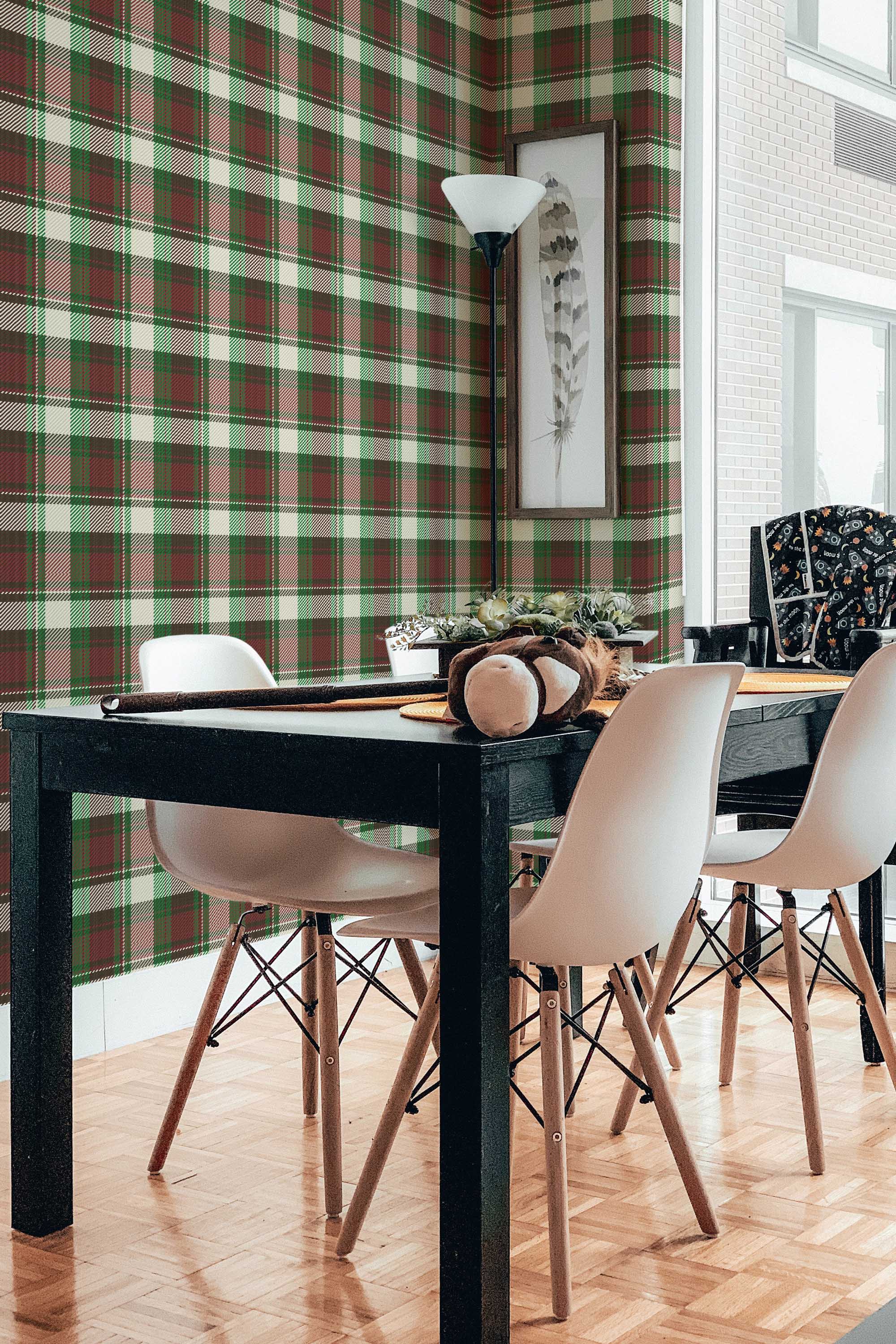 Fancy Walls removable wallpaper showcasing brown and burgundy Christmas plaid for cozy spaces.