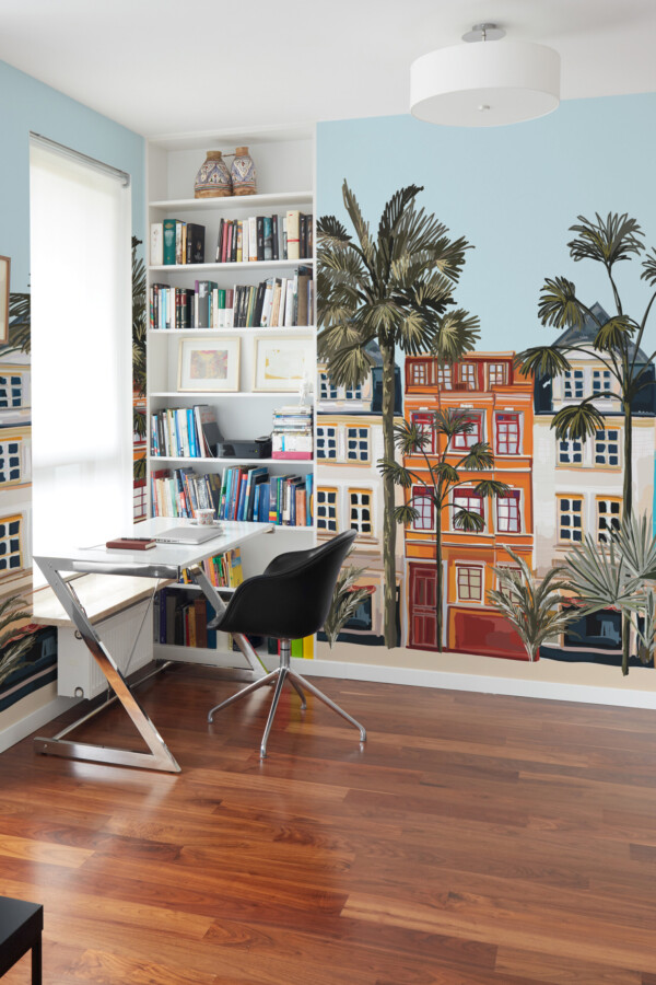 Coastal Town wall mural by Fancy Walls featuring colorful seaside houses and palm trees peel and stick wall mural