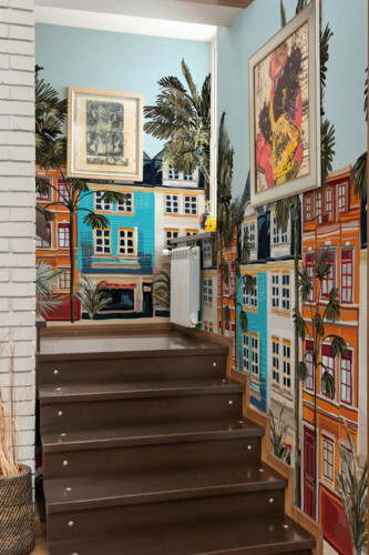 Coastal Town wall mural by Fancy Walls designed as a commercial peel and stick wall mural ideal for cafes or beach resorts